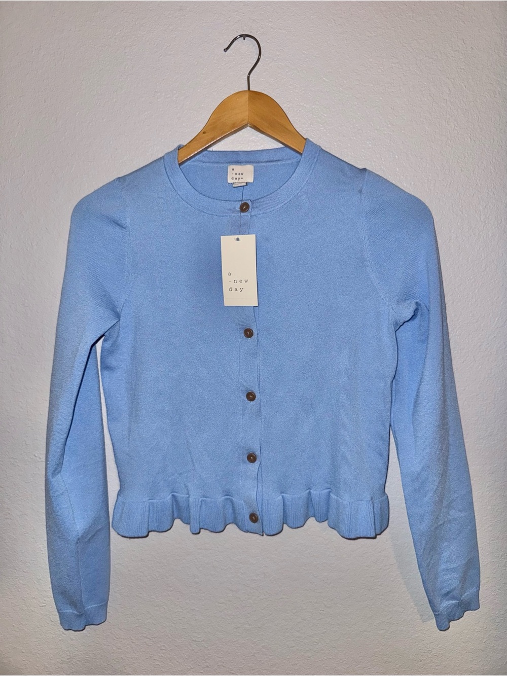 New a new day Light Blue Ruffle Hem Button Cardigan XS - Picture 2 of 9